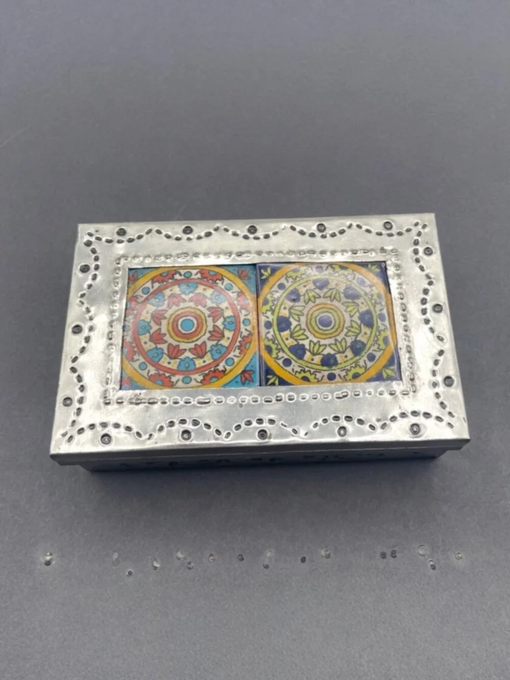 NEW Mexican Folk Art Hand Punched Tin Talavera Tiles Jewelry Trinket Box